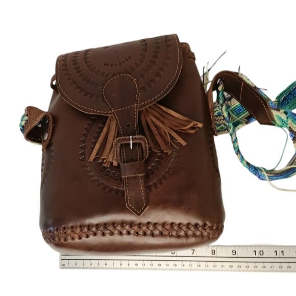 Leather Tooled Crossbody Purse Dark Brown With Turquoise & Green Crochet Strap - Picture 11 of 16